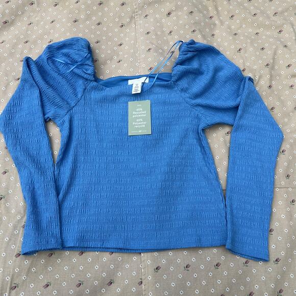 H&M Shirt Womens Small Blue Puff Sleeve Textured Long Sleeve Square Neck NWT - Picture 1 of 7
